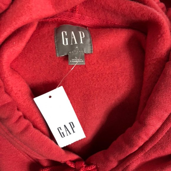 GAP Red Pullover Hoodie Navy Applique Drawstring Hood Kangaroo Pocket SZ L NWT - Picture 6 of 8